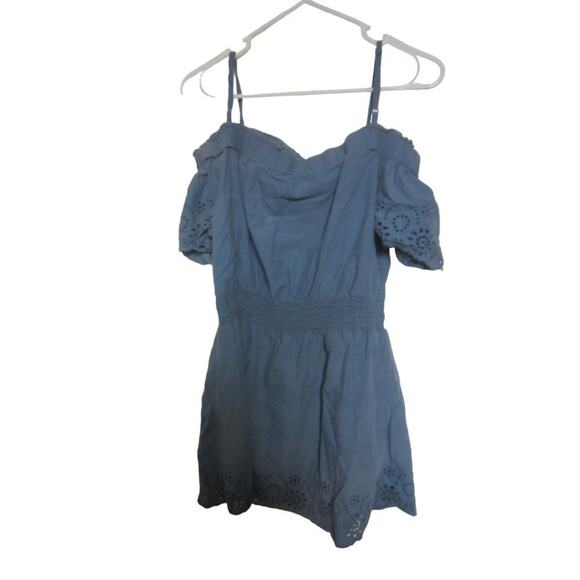 Blush Blue Eyelet Off Shoulder Mini Dress Boho Summer Large - Picture 8 of 8